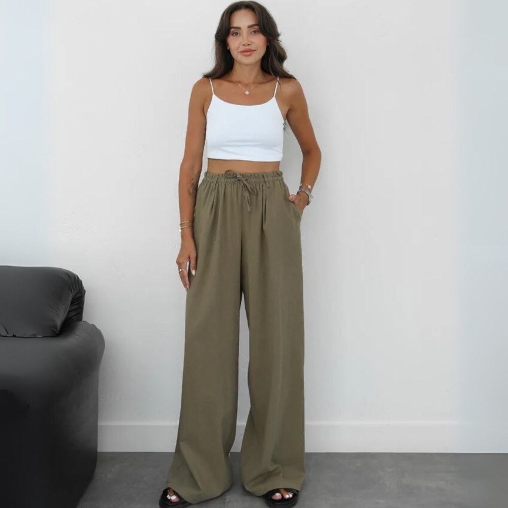 Pantalón de Lino Rosa con Cordón en la Cintura – Veloria